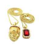 Black Stone Crown King Lion & Gemstone Pendant Set w/ Chain Necklace