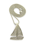 Stone Stud Sailboat Pendant w/2mm 24" Rope Chain Necklace