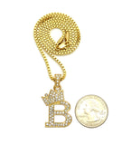 Unisex Stone Stud Tilted Crown Letter Initial Micro Pendant 2mm Box Chain Necklace, 20", B