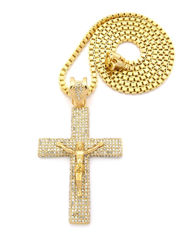 Cross Pendant w/ 36" Chain Necklace - Box Chain, Paved Crucifix Jesus, Gold-Tone