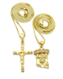 Jesus Face & Slim Crucifix Jesus Pendant Set w/ 2mm 24" & 30" Box Chains in Gold-Tone