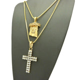 Mirco Jesus Face & 2 Row Stone Cross Pendant Set w/ 24" & 30" Box Chain Necklaces in Gold-Tone