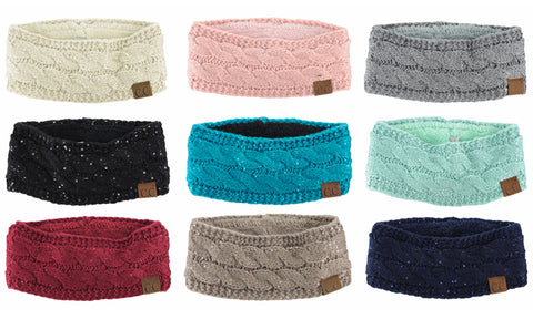 C.C Sparkly Sequin Winter Warm Cable Knit Fuzzy Lined Ear Warmer Headband