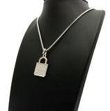 Stone Stud Padlock Pendant w/ 2mm 24" Box Chain Necklace