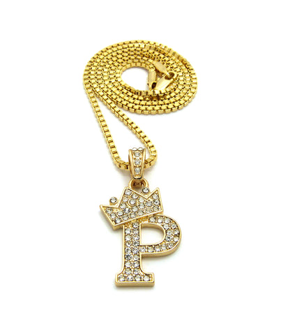 Unisex Stone Stud Tilted Crown Letter Initial Micro Pendant 2mm Box Chain Necklace, 20", P
