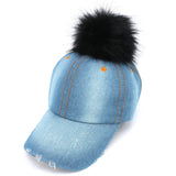 Faux Fur Pom Pom Vintage Denim-Feel Adjustable Baseball Cap Hat
