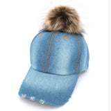 Faux Fur Pom Pom Vintage Denim-Feel Adjustable Baseball Cap Hat