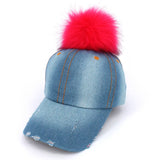 Faux Fur Pom Pom Vintage Denim-Feel Adjustable Baseball Cap Hat