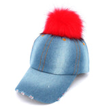 Faux Fur Pom Pom Vintage Denim-Feel Adjustable Baseball Cap Hat