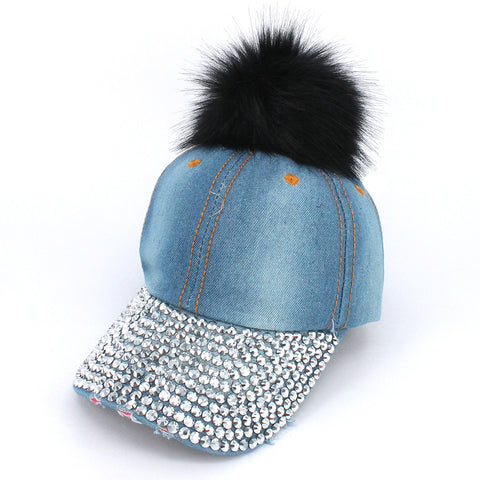 Faux Fur Pom Pom Vintage Rhinestone Bill Adjustable Baseball Cap Hat