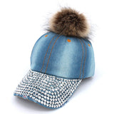 Faux Fur Pom Pom Vintage Rhinestone Bill Adjustable Baseball Cap Hat