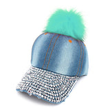 Faux Fur Pom Pom Vintage Rhinestone Bill Adjustable Baseball Cap Hat