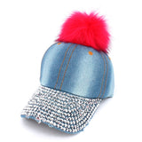 Faux Fur Pom Pom Vintage Rhinestone Bill Adjustable Baseball Cap Hat