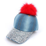 Faux Fur Pom Pom Vintage Rhinestone Bill Adjustable Baseball Cap Hat