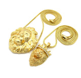 Stone Stud Crown Lion & Fierce Lion Head Pendant Set w/ 2mm 24" & 30" Box Chain Necklaces in Gold-Tone