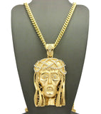 Stone Stud Woven Crown of Thorns Jesus Head Pendant w/6mm 30" Cuban Chain Necklace, Gold-Tone