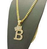 Stone Stud Allover Tilted Crown Initial B Pendant w/6mm 24" Box Cuban Chain, Gold-Tone