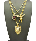 Colored Gemstone, Extended Wing Pray Angel & King Lion Pendant Set w/ Varying Gold-Tone Chain Necklaces