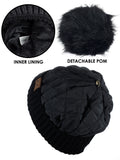 C.C Soft Quilted Puffer Detachable Faux Fur Pom Inner Lined Cuff Beanie Hat