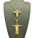 Praying Angel & Christ the Redeemer Pendant Set w/ 2mm 24" & 30" Box Chains in Gold-Tone