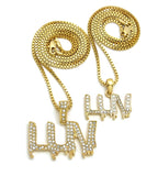 Stone Stud LUV Drip Effect Pendant Set with 2mm 20" and 24" Box Chain Necklaces, Gold-Tone