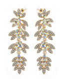 Women's Rhinestone Studded Leaf Dangling Clear Stone Vine Earrings in Gold-Tone