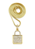 Stone Stud Padlock Pendant w/ 2mm 24" Box Chain Necklace