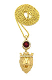 Round Faux Ruby Stone & King Lion Pendant Set on 2mm 24" Rope Chain Necklace in Gold-Tone