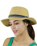 C.C Women's Paper Woven Panama Sun Beach Hat with Navy Fuzzy Band, Natural