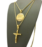 Last Supper Medal Pendant & Slim Crucifix Jesus Pendant Set w/ 2mm 24" & 30" Box Chains in Gold-Tone