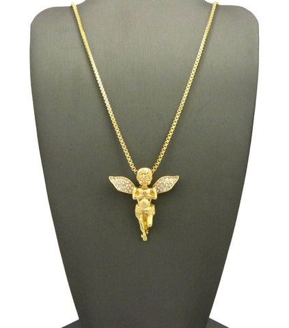 Stone Stud Extended Wing Praying Angel Pendant w/ Chain Necklace