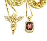 Stone Stud Extended Wing Praying Angel & Colored Gemstone Set w/ 24" & 30" Gold-Tone Box Chains