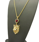 Round Faux Ruby Stone & King Lion Pendant Set on 2mm 24" Rope Chain Necklace in Gold-Tone