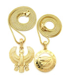 Solid Eye of Horus Medal & Horus Falcon Pendant Set 2mm 24" & 30" Box Chain Necklace in Gold-Tone