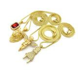 Ruby Red Stone, Power Plug, Extended Wing & King Lion Pendant Set w/ Chain Necklaces in Gold-Tone