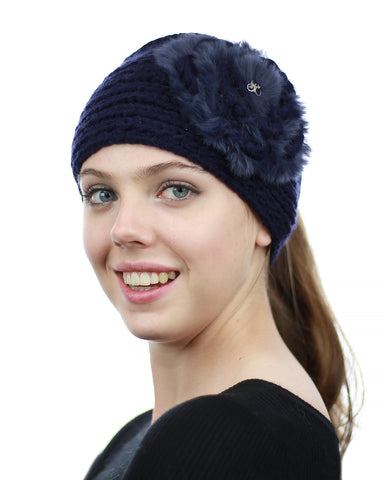 NYFASHION101 Stone Accent Hand Knitted Flower Winter Headband Headwrap