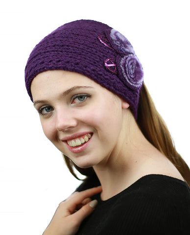 NYFASHION101 Hand Knitted Furry Flowers Winter Headband Headwrap