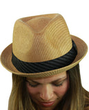 NYFASHION101 Striped Band Straw Weaved Lightweight Trilby Fedora Hat