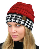 C.C Cable Knit Soft Stretch Multicolor Houndstooth Stitch Cuff Skully Beanie Hat
