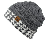 C.C Cable Knit Soft Stretch Multicolor Houndstooth Stitch Cuff Skully Beanie Hat