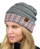 C.C Cable Knit Soft Stretch Multicolor Houndstooth Stitch Cuff Skully Beanie Hat