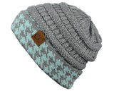 C.C Cable Knit Soft Stretch Multicolor Houndstooth Stitch Cuff Skully Beanie Hat