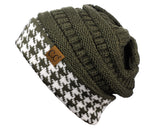 C.C Cable Knit Soft Stretch Multicolor Houndstooth Stitch Cuff Skully Beanie Hat