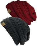 Unisex Trendy Warm Chunky Soft Stretch Cable Knit Slouchy Beanie Skully - 2 Pack SET