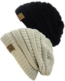 Unisex Trendy Warm Chunky Soft Stretch Cable Knit Slouchy Beanie Skully - 2 Pack SET