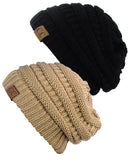 Unisex Trendy Warm Chunky Soft Stretch Cable Knit Slouchy Beanie Skully - 2 Pack SET