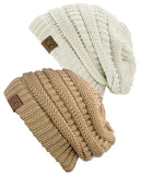 Unisex Trendy Warm Chunky Soft Stretch Cable Knit Slouchy Beanie Skully - 2 Pack SET