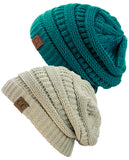 Unisex Trendy Warm Chunky Soft Stretch Cable Knit Slouchy Beanie Skully - 2 Pack SET