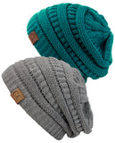 Unisex Trendy Warm Chunky Soft Stretch Cable Knit Slouchy Beanie Skully - 2 Pack SET