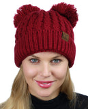 C.C 2 Ear Pom Pom Cable Knit Soft Stretch Cuff Skully Beanie Hat